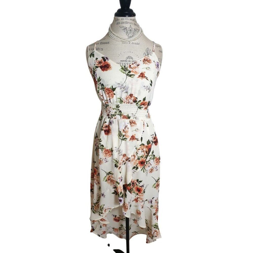 Boho Floral Print Cami Dress L Split Thigh Crossback Cascading Ruffles Midi